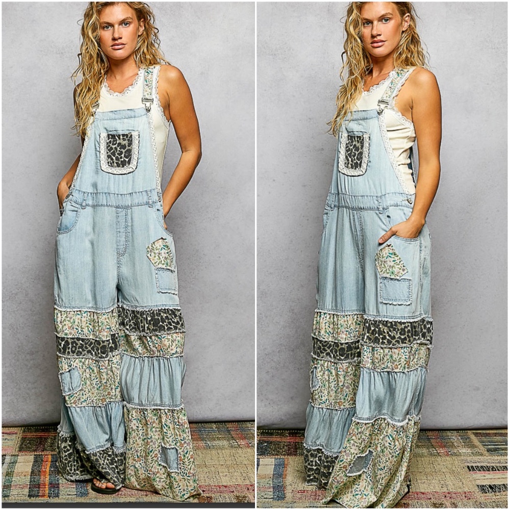 POL Floral Leopard Print Light Wash Wide Leg bib Overalls - Picture 3 of 4